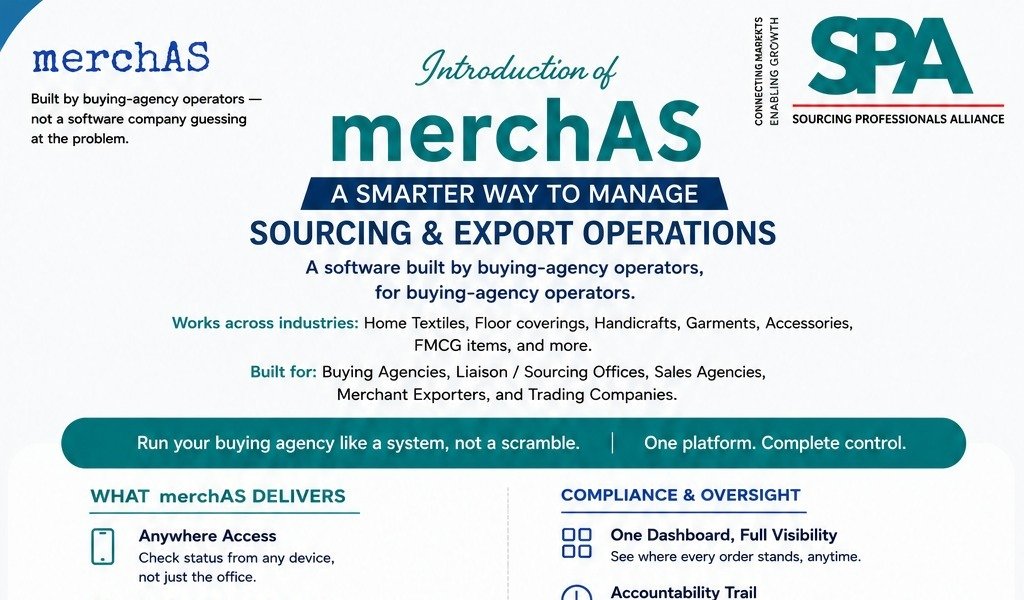 merchAS software launch flyer — a smarter way to manage sourcing and export operations