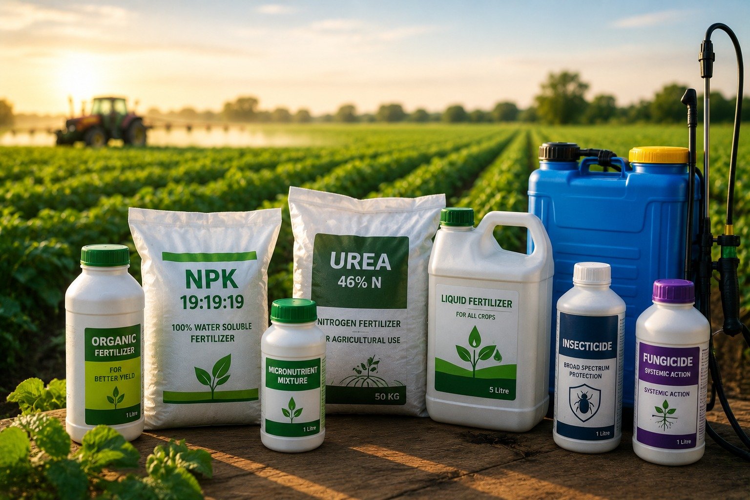 Fertilizer and agri-input bottles and bags in a crop field