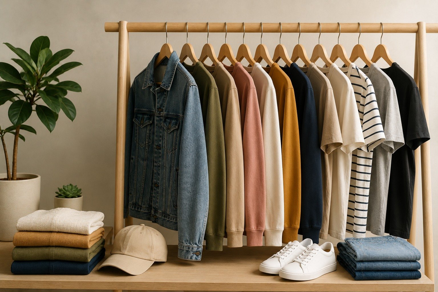 Row of colorful sweatshirts, t-shirts and a denim jacket on a rack