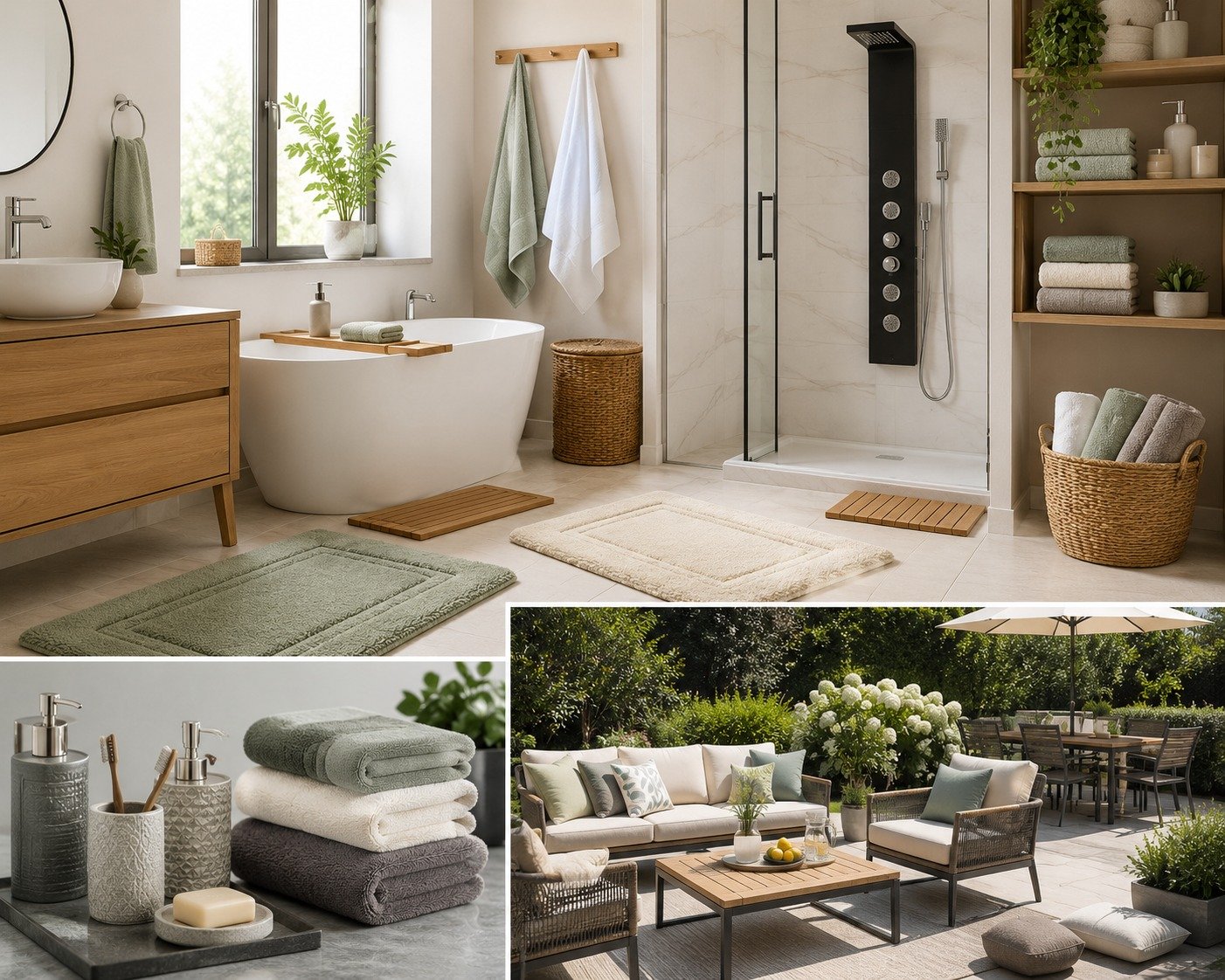 Bathroom with shower panel, towels and bathmats, and an outdoor patio lounge set