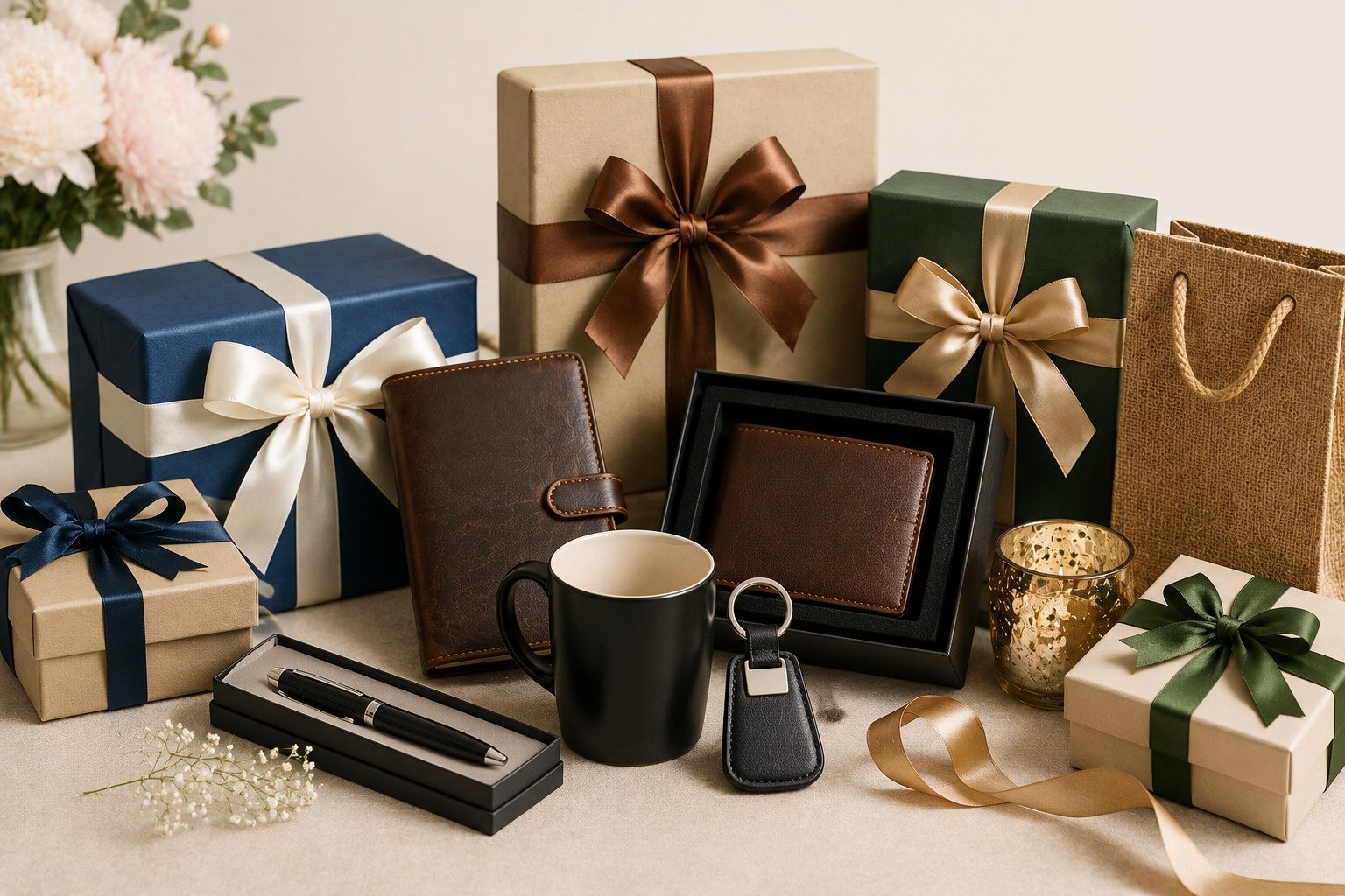 Assorted wrapped gift boxes, leather notebook, mug, wallet and pen gift set
