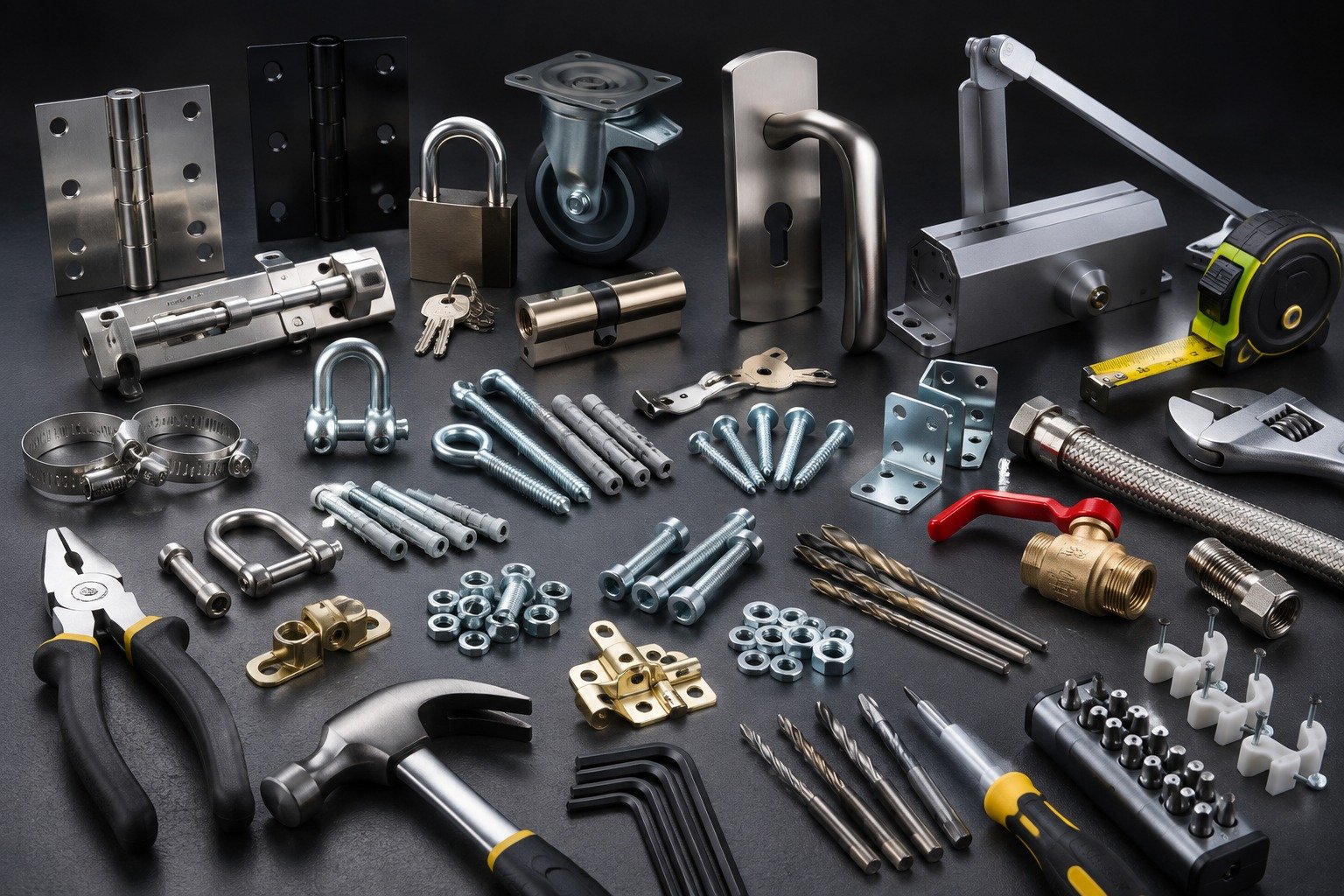 Assorted door hardware, locks, hinges and hand tools