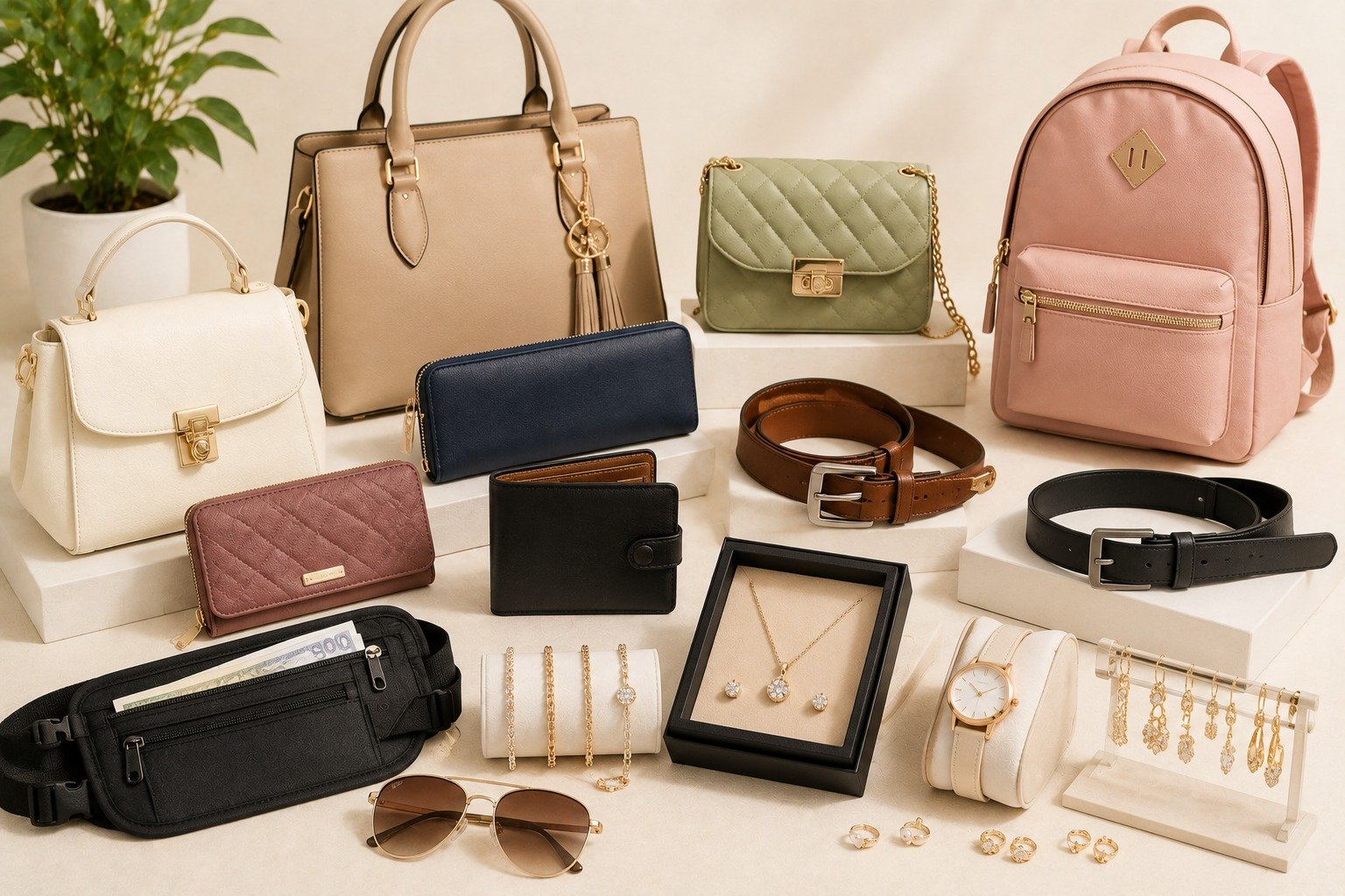 Handbags, wallets, belts, jewelry and sunglasses fashion accessory set