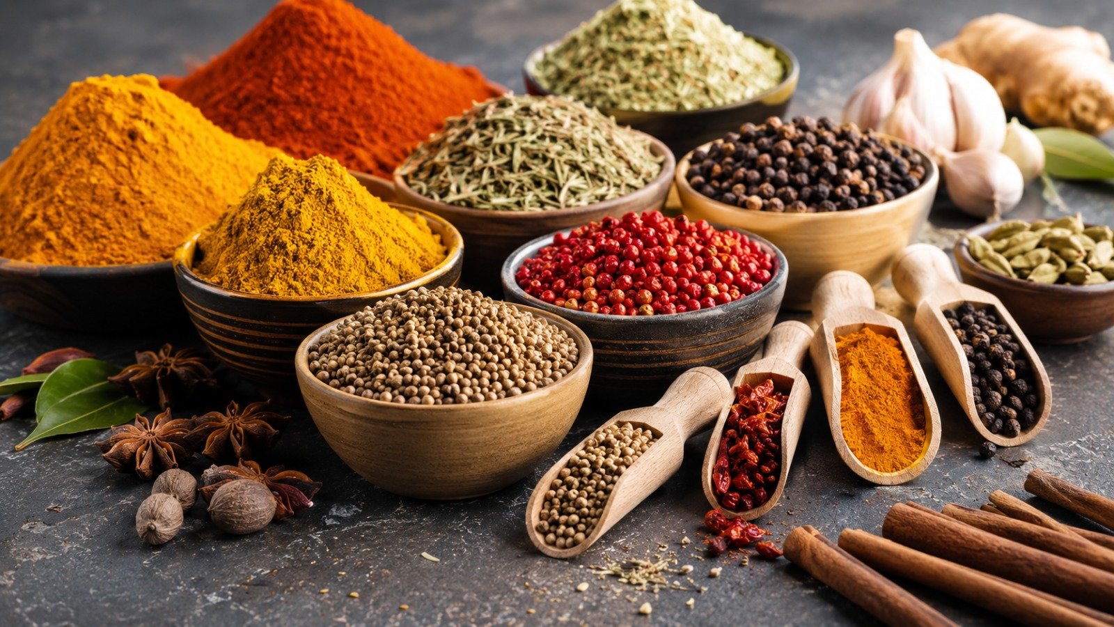 Bowls of assorted whole spices, herbs and seasonings