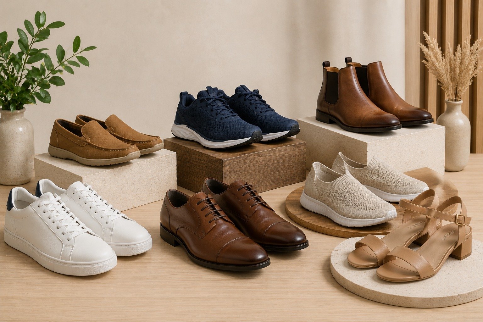Assortment of formal, casual and sport shoes on display
