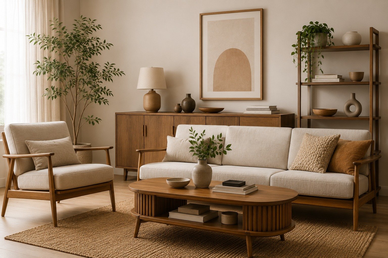 Mid-century modern living room with sofa, armchair and coffee table