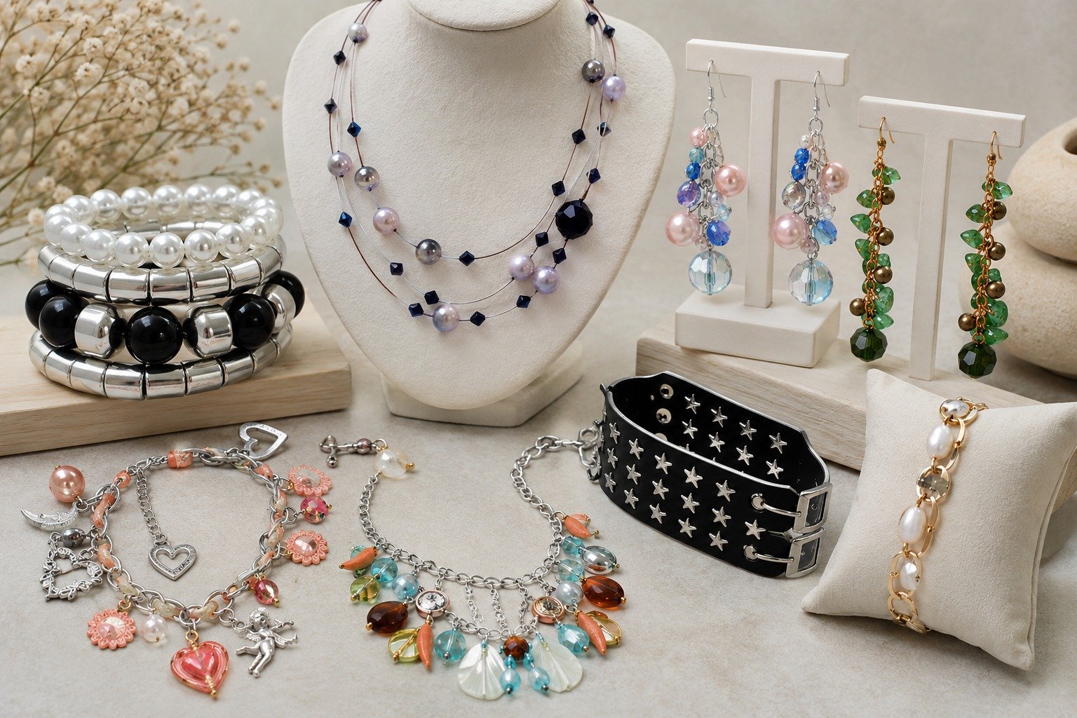 Beaded necklaces, bracelets and earrings on display