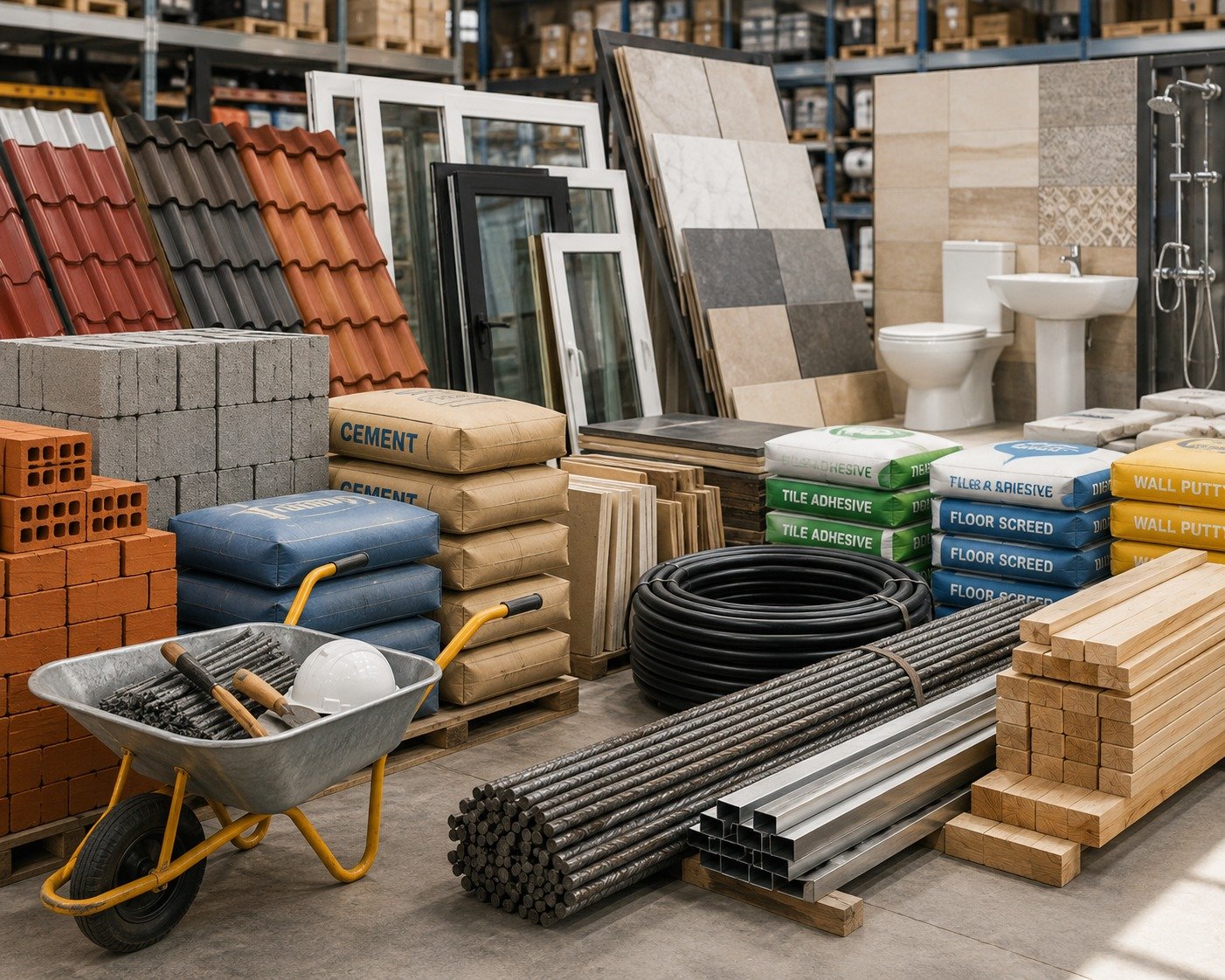 Construction and building materials including cement, bricks, tiles, rebar and bathroom fixtures