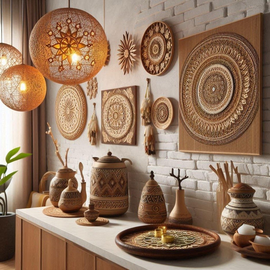 Handwoven wall art, carved plates and traditional ceramic vases