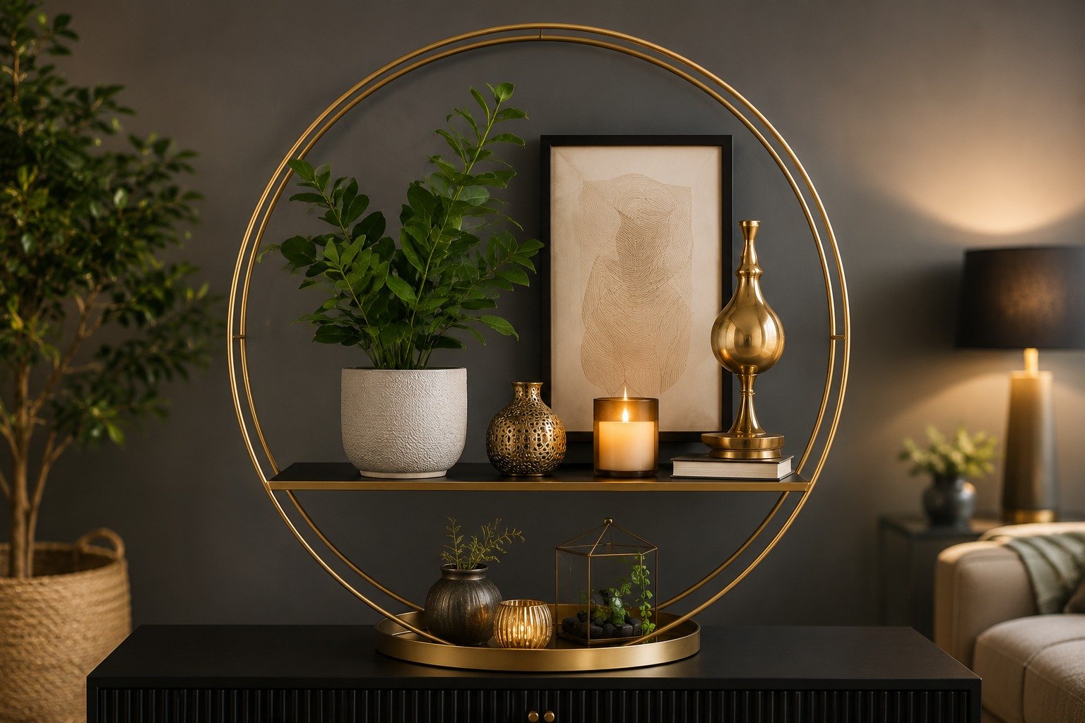 Gold decorative shelf styled with plants, candles and vases