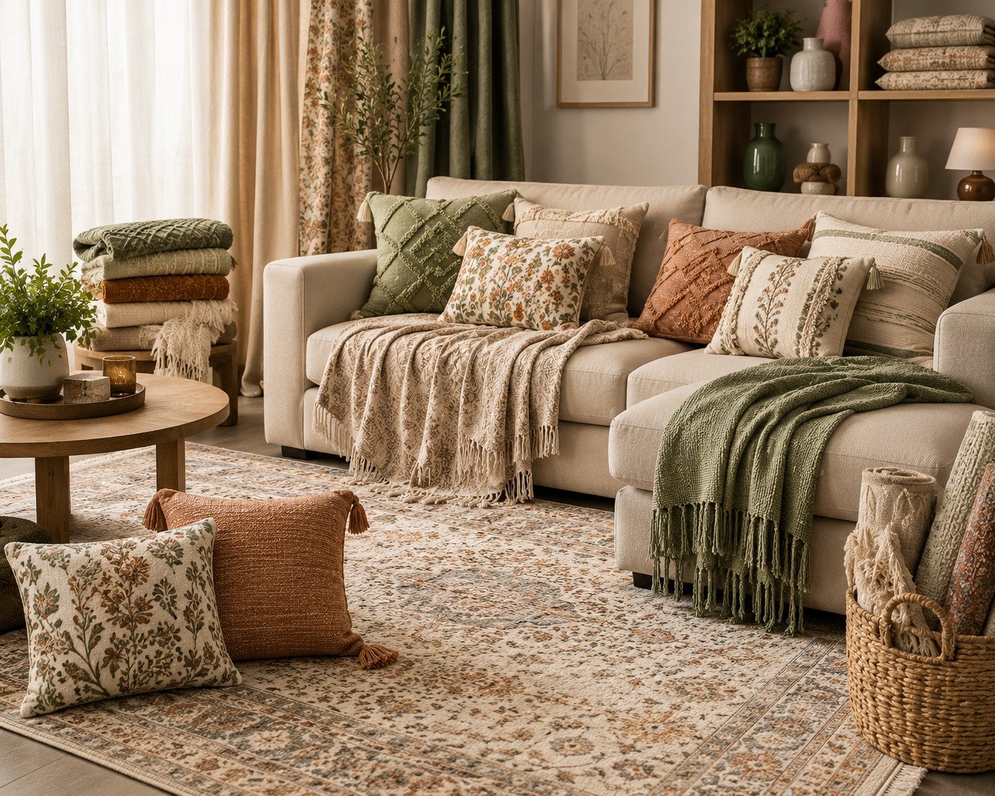 Textured cushions, throws and decorative pillows styled on a sofa