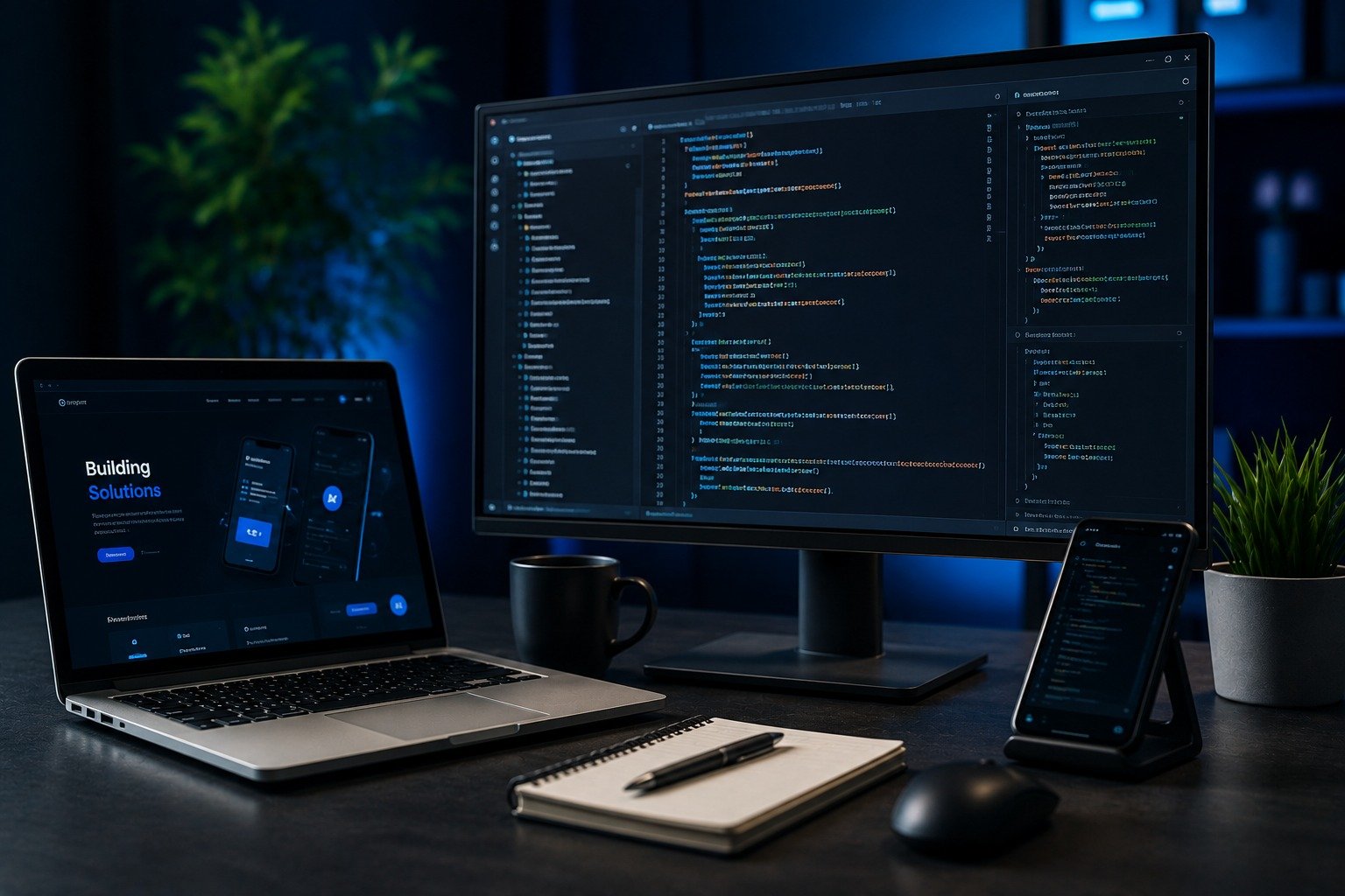 Developer workspace with laptop and monitor showing code
