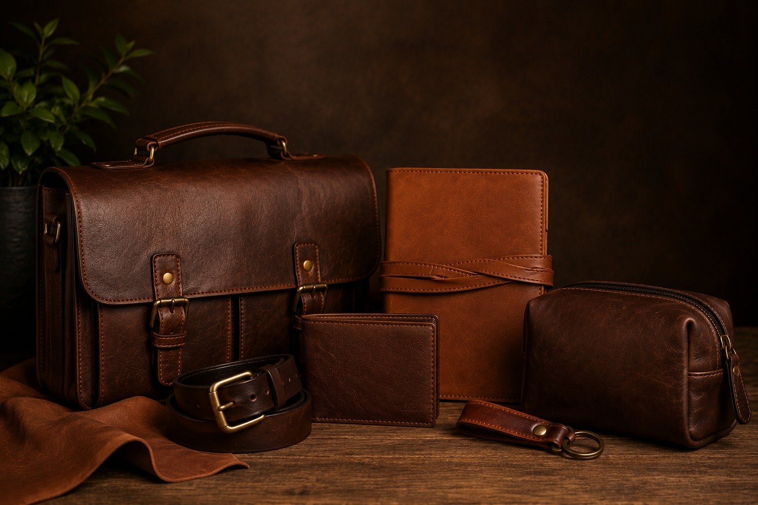 Leather briefcase, wallet, belt and travel pouch set