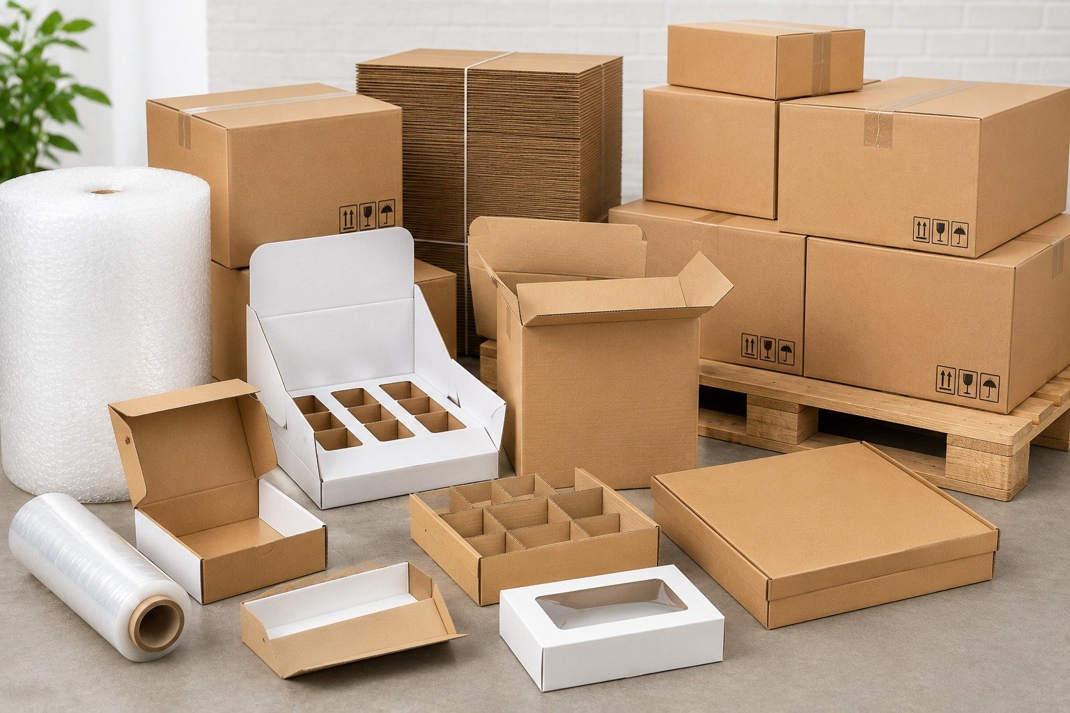 Cardboard shipping cartons, bubble wrap, pallets and retail display boxes