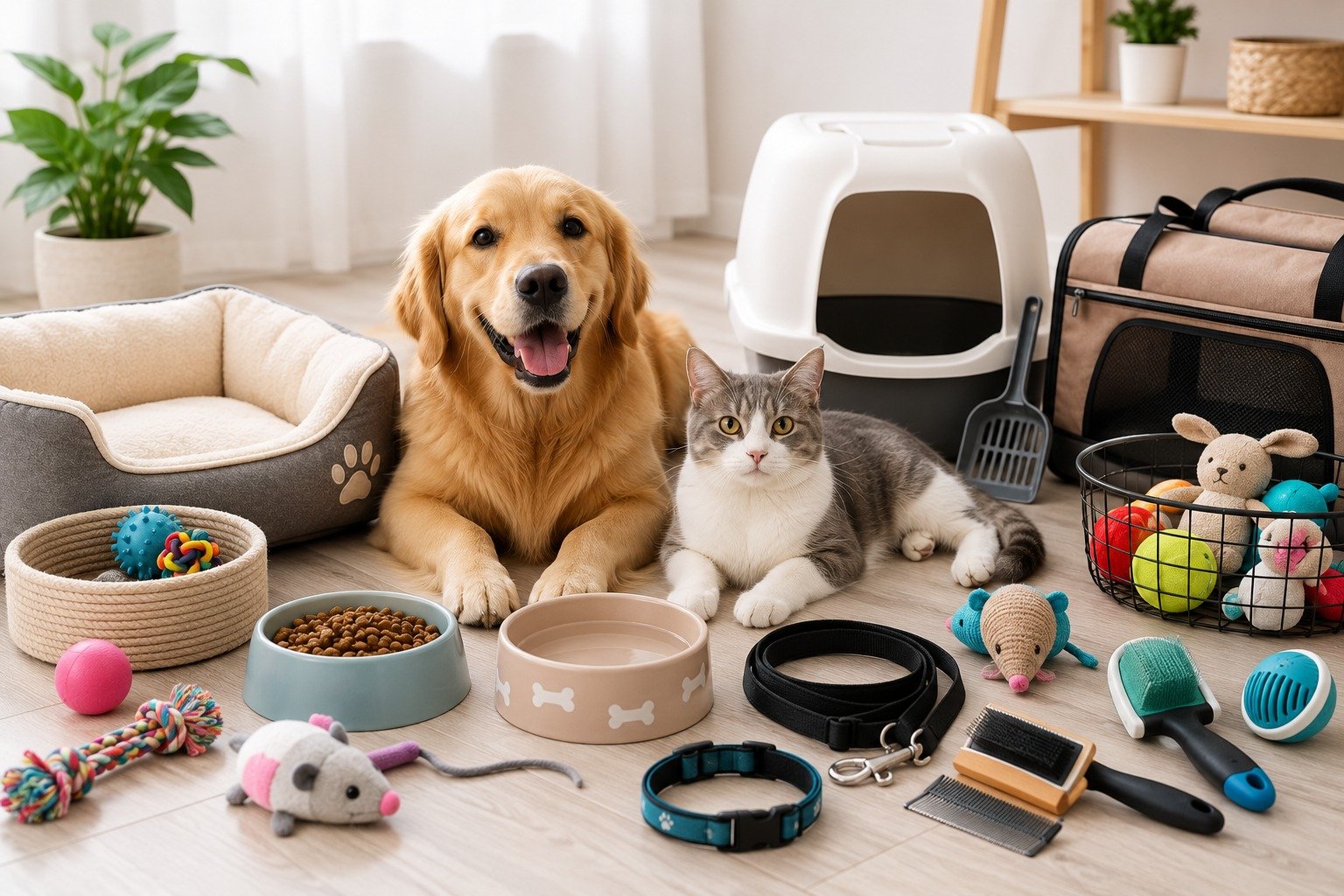 Dog and cat surrounded by pet beds, bowls, leashes, grooming tools and toys