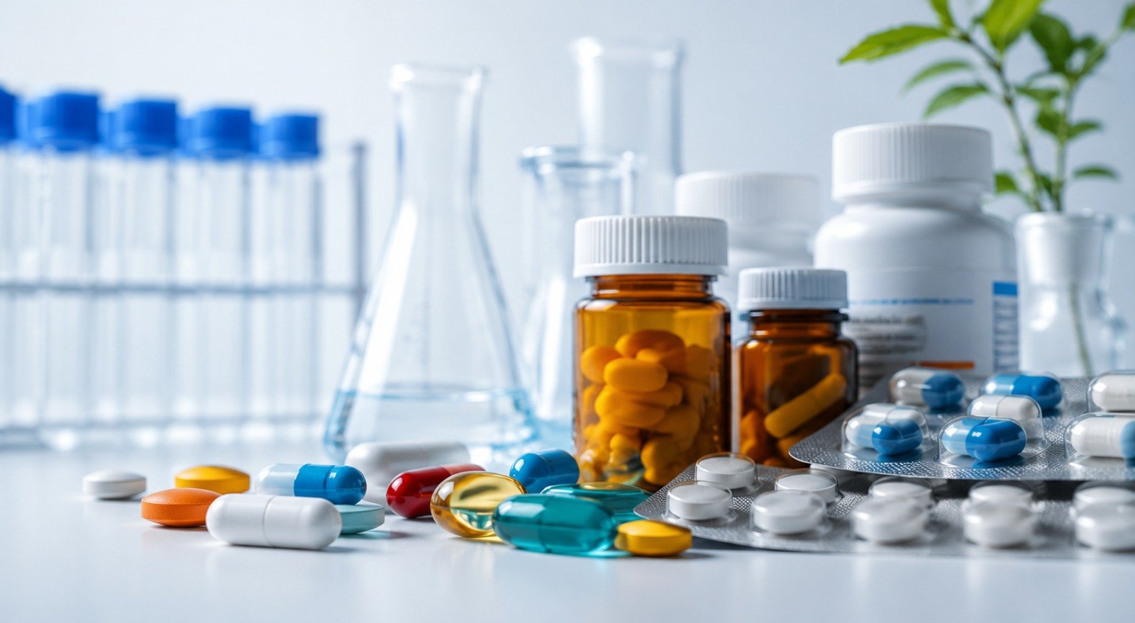 Pill bottles, capsules and lab glassware on a counter