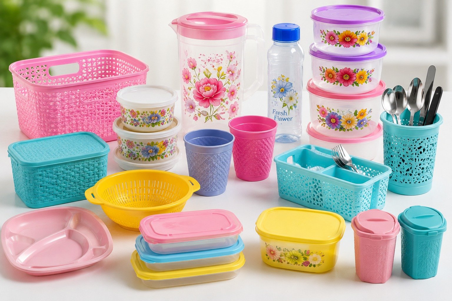 Colorful plastic storage baskets, containers, jugs and tumblers