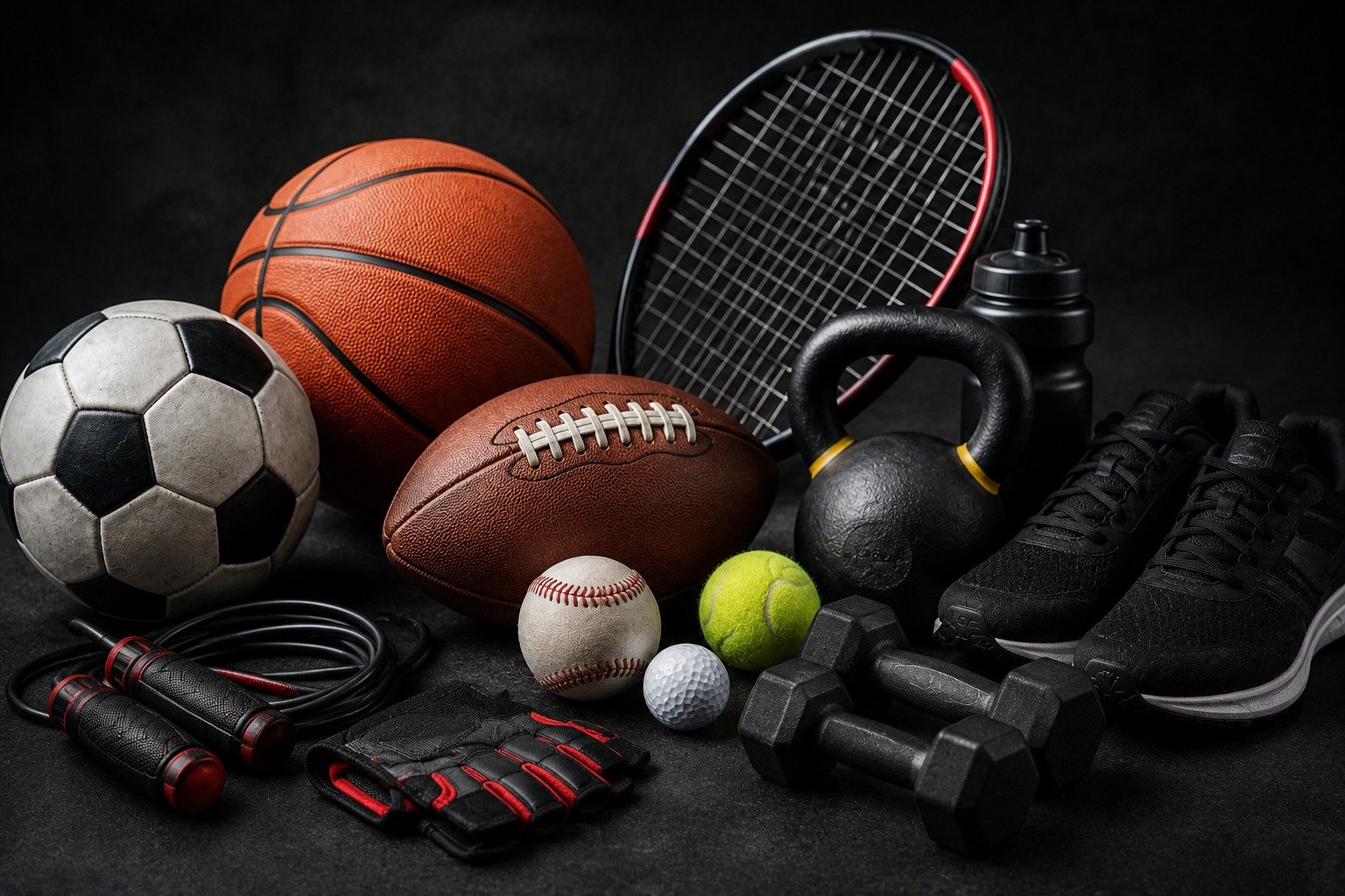 Assorted sports balls, dumbbells, kettlebell and sneakers