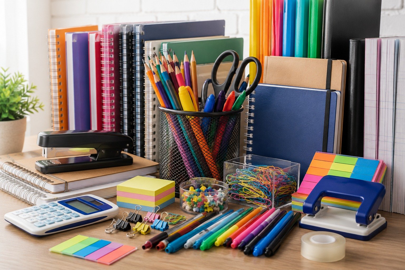Colorful pens, notebooks, stapler and desk organizers