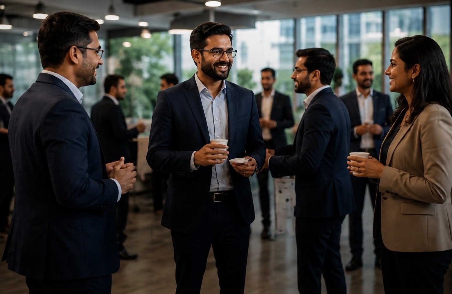 Sourcing professionals networking and talking at a business event