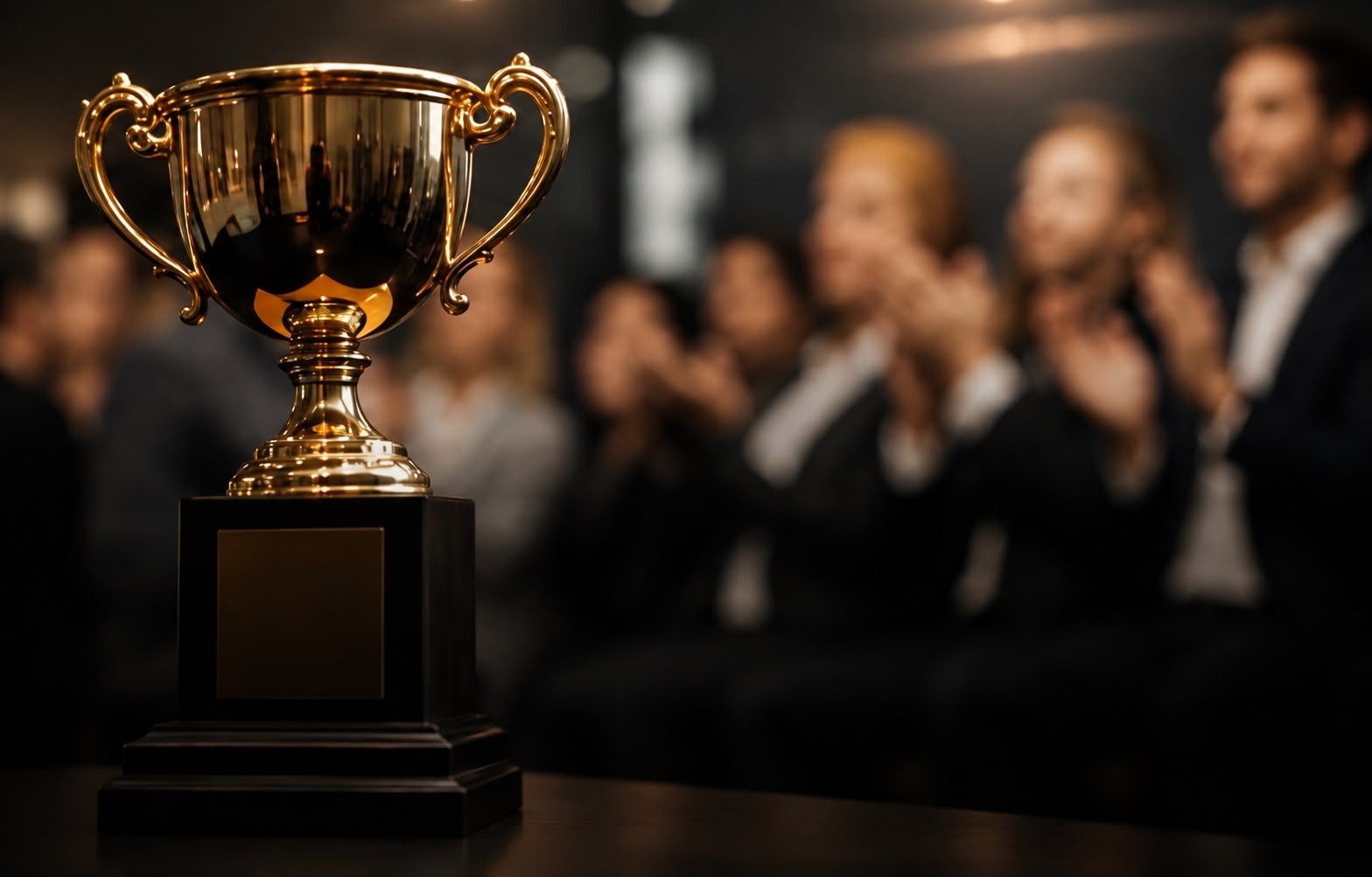 Elegant gold trophy with an applauding audience in the background